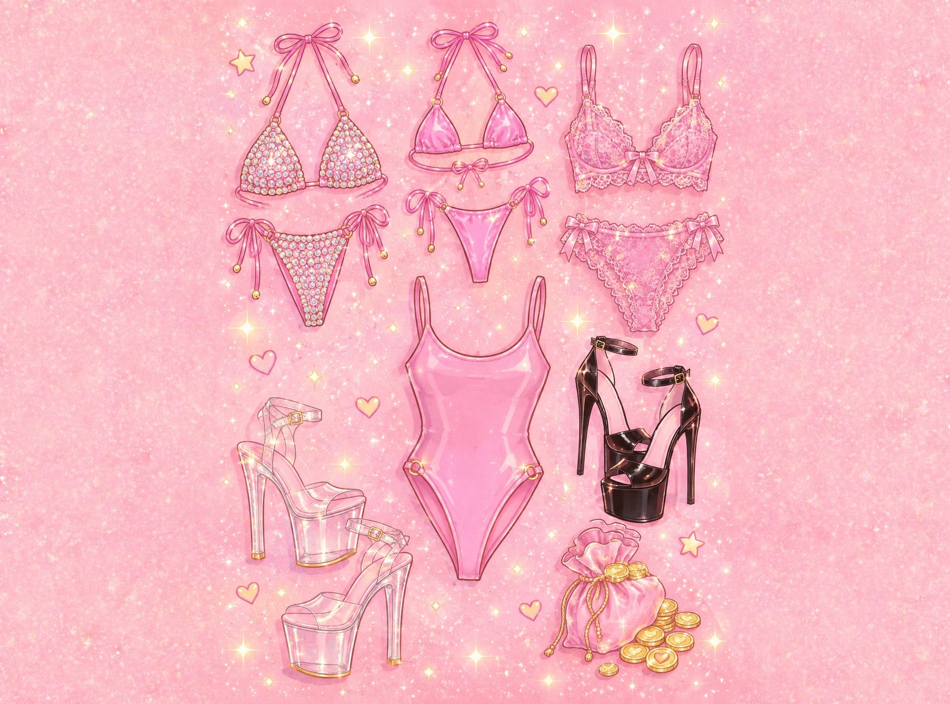 A starter dancer wardrobe in pink: rhinestone bikini, micro kini, lace set, bodysuit, clear heels, black heels, and a bag of gold coins