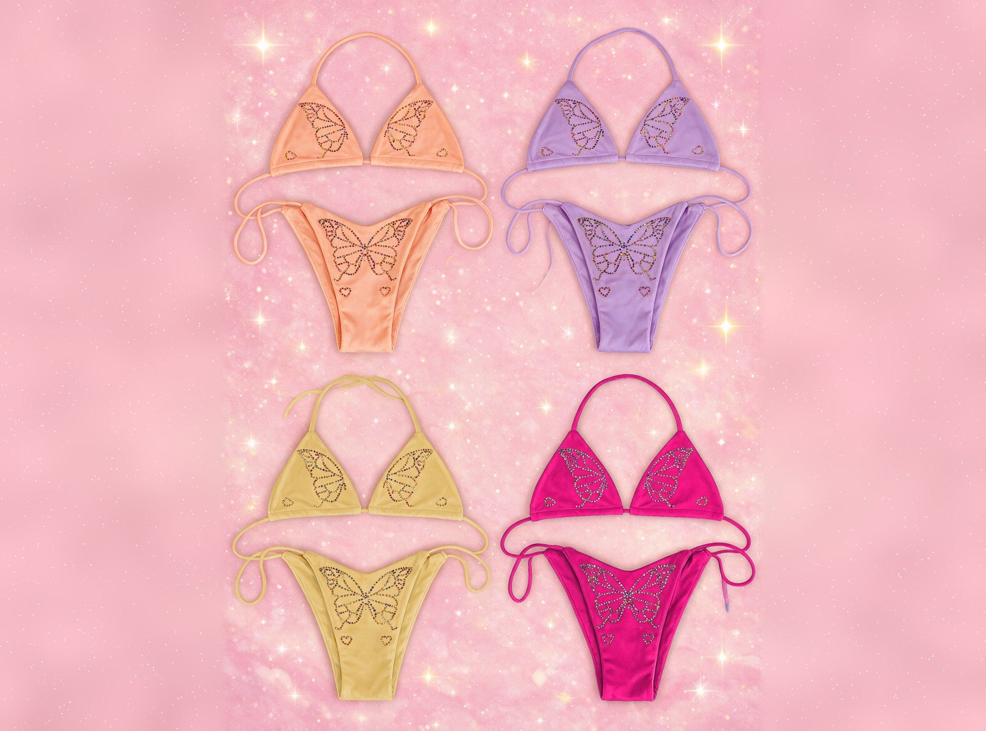 Four rhinestone butterfly bikini sets in peach, lilac, champagne, and hot pink for spring, summer, autumn, and winter color seasons