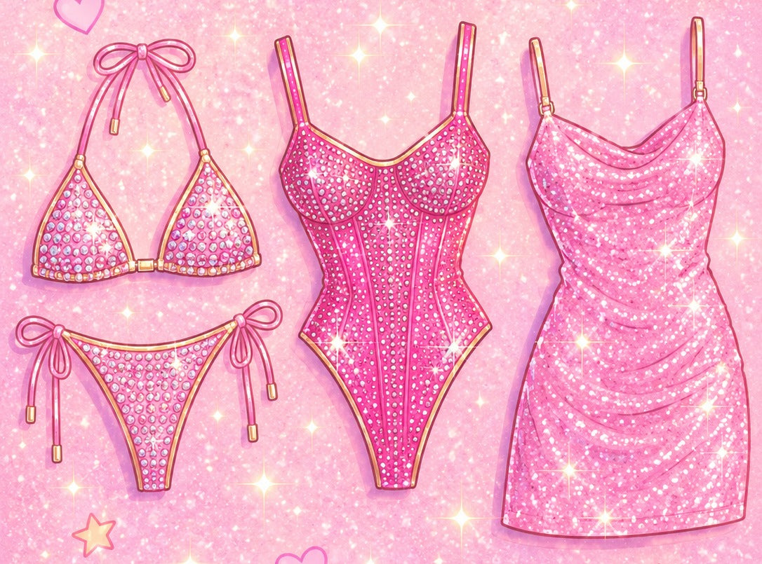 Pink rhinestone bikini set, rhinestone bodysuit, and sequin mini dress side by side, what to wear as an exotic dancer