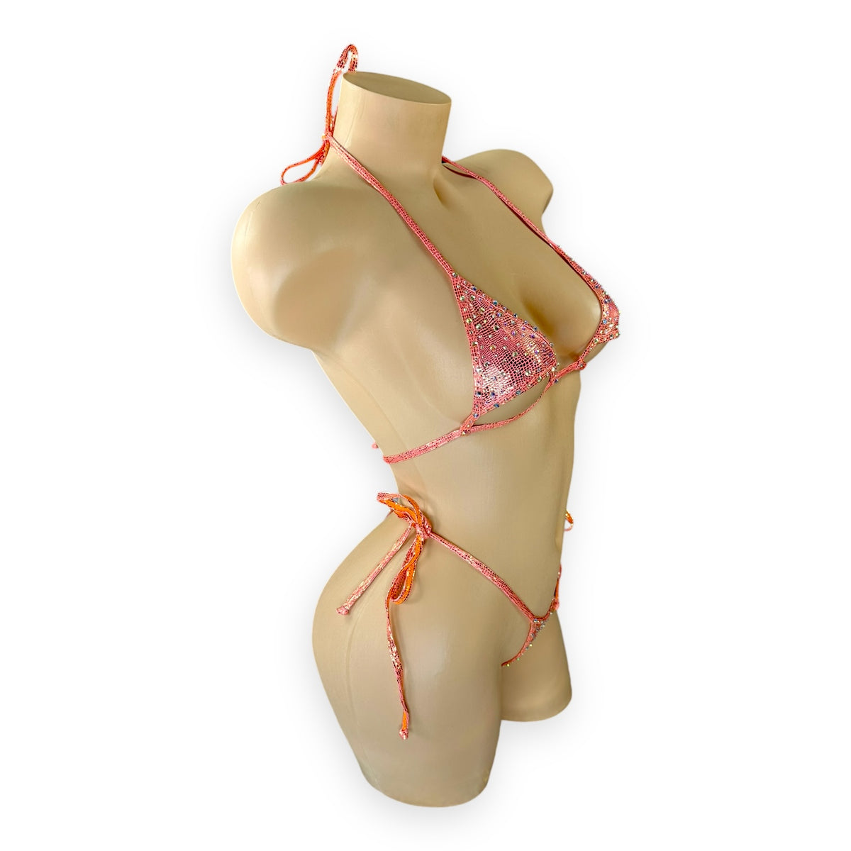 Citrus orange Aja holographic rhinestone 'kini, angled side view on white - Golddiggers Boutique