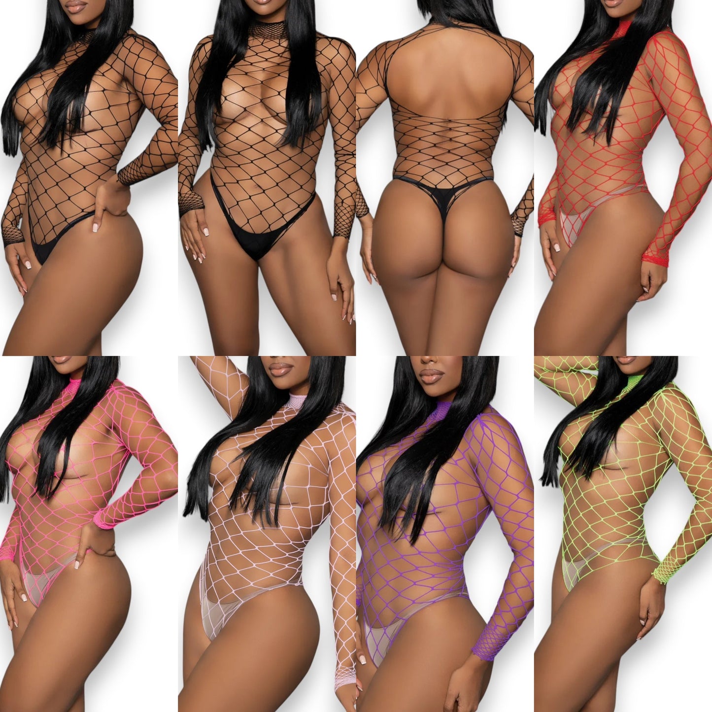 Stella black fishnet long sleeve bodysuit with mock neck, front view — Golddiggers Boutique exotic dancewear