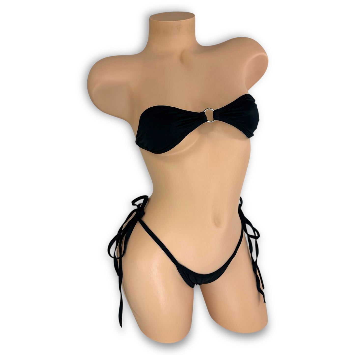 Katarina black o-ring bikini bandeau top and tie-side bottom, front view — Golddiggers Boutique exotic dancewear