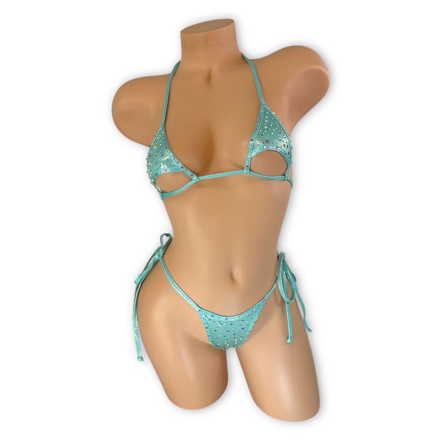 Aja mint green rhinestone bikini set with triangle cutouts, front view — Golddiggers Boutique exotic dancewear