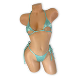 Aja mint green rhinestone bikini set with triangle cutouts, front view — Golddiggers Boutique exotic dancewear