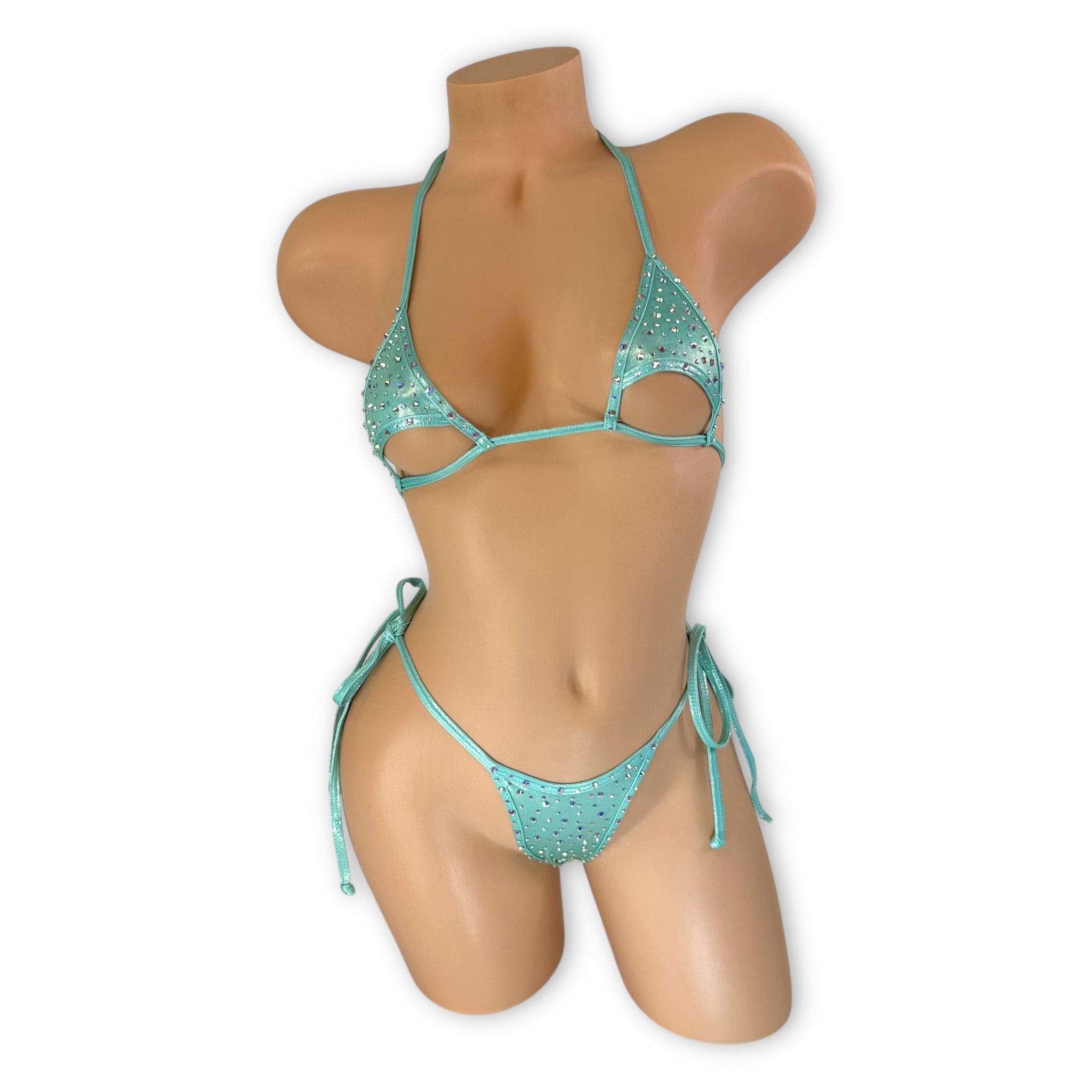 Aja mint green rhinestone bikini set with triangle cutouts, front view — Golddiggers Boutique exotic dancewear