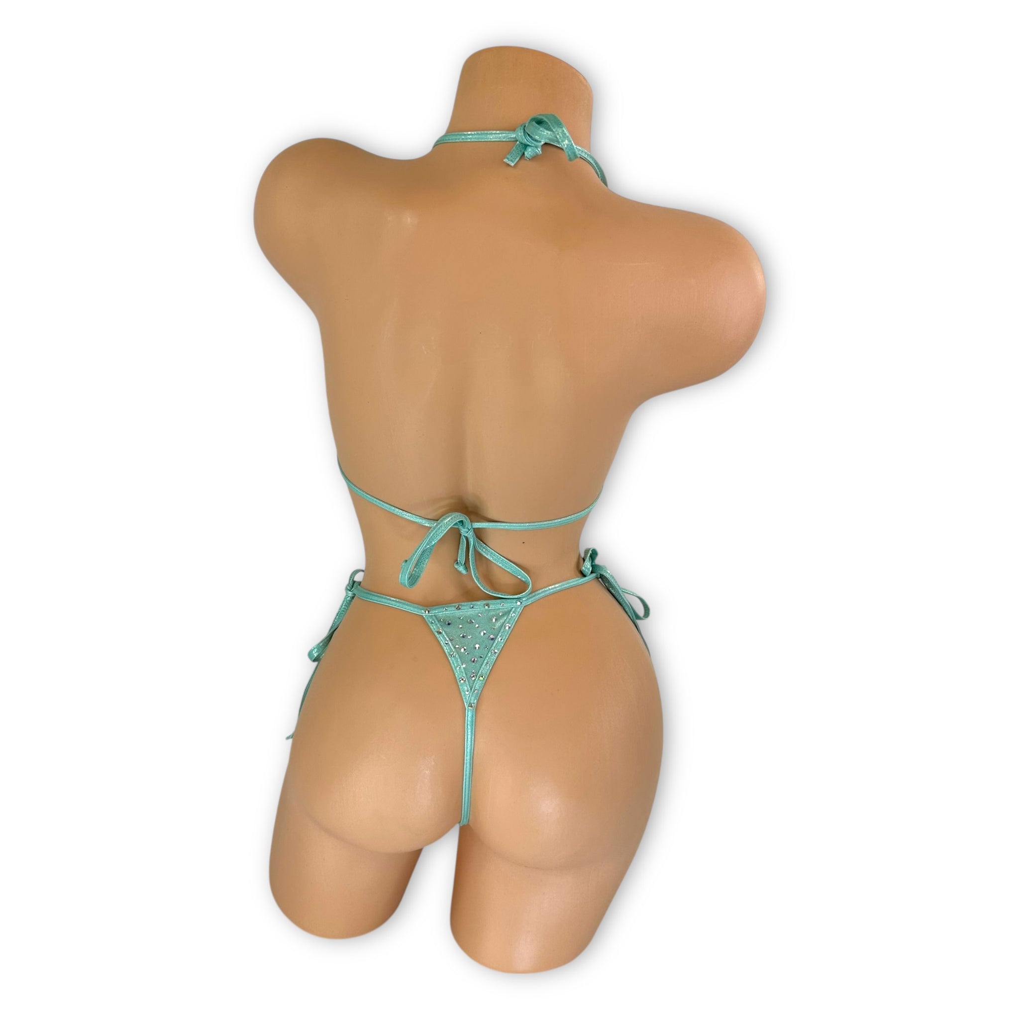 Aja rhinestone triangle top with tie-side thong, back view — Golddiggers Boutique exotic dancewear