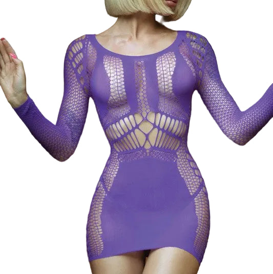 Lillian purple fishnet long sleeve mini dress front view — Golddiggers Boutique exotic dancewear