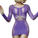 Lillian purple fishnet long sleeve mini dress front view — Golddiggers Boutique exotic dancewear