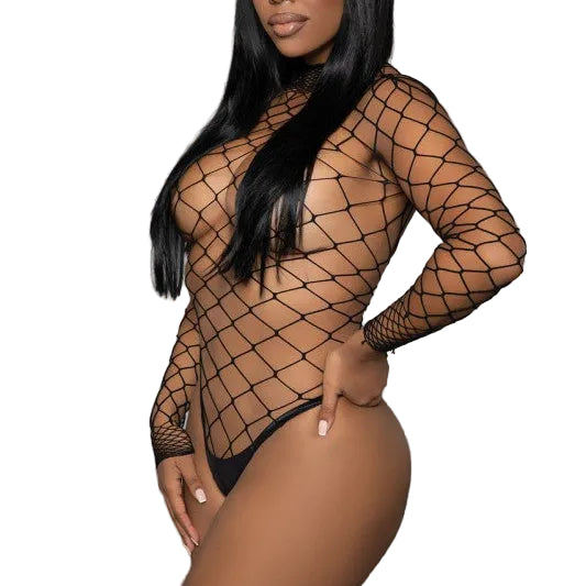 Stella black fishnet bodysuit side view showing diamond fishnet pattern — Golddiggers Boutique