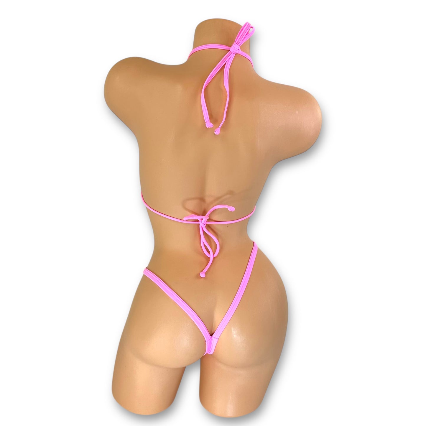 Kaylee bubblegum pink rhinestone fishnet bikini back view showing g-string thong — Golddiggers Boutique exotic dancewear