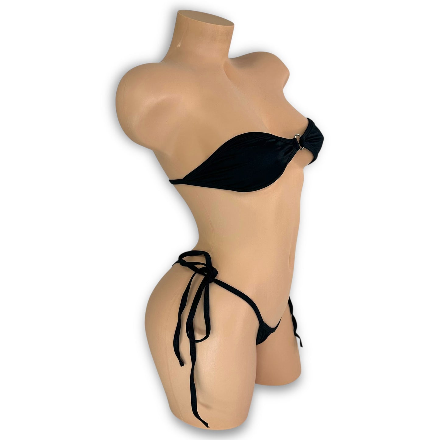 Katarina black string bikini set tie-side adjustable, side view — Golddiggers Boutique exotic dancewear