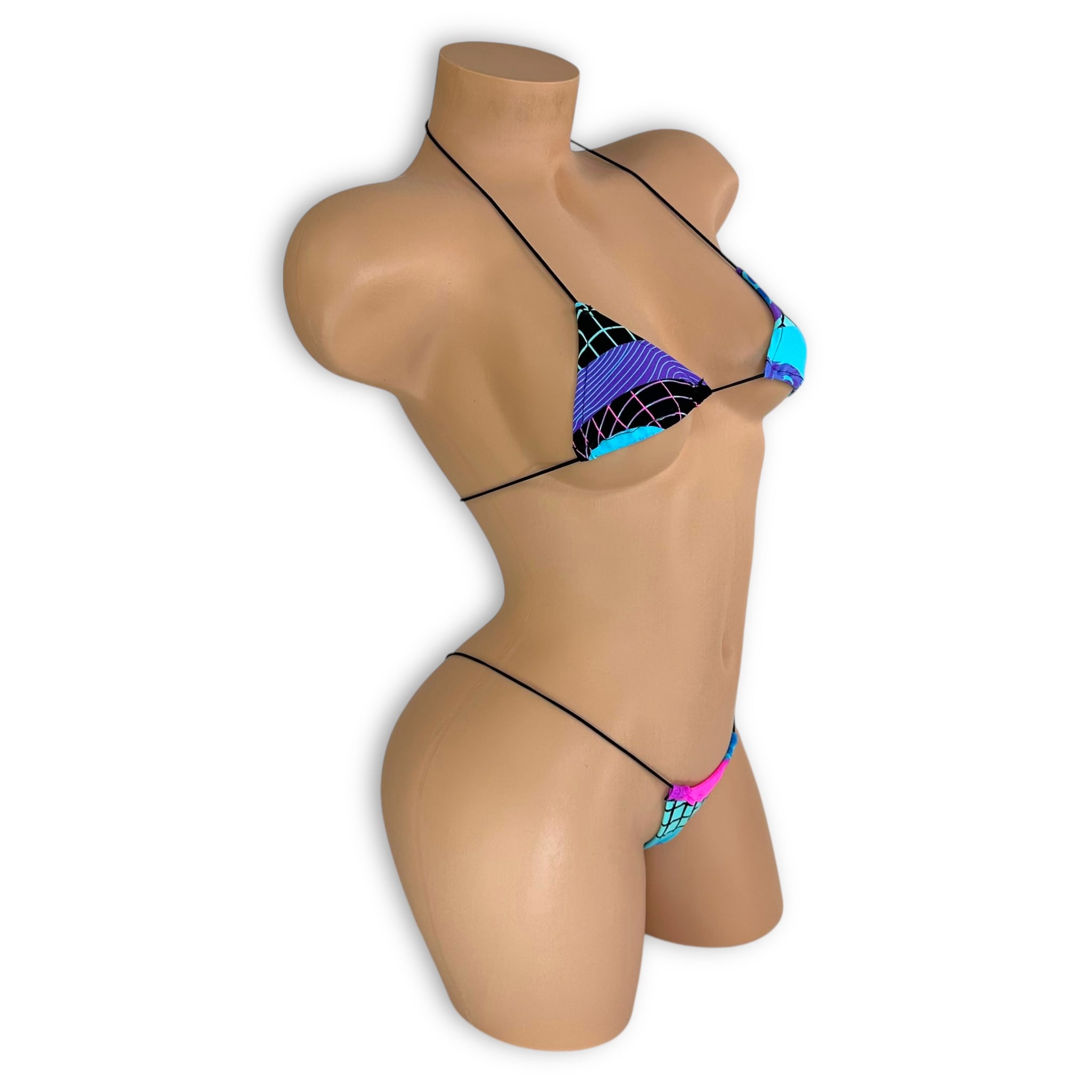 Retro micro kini side view showing minimal coverage — Golddiggers Boutique