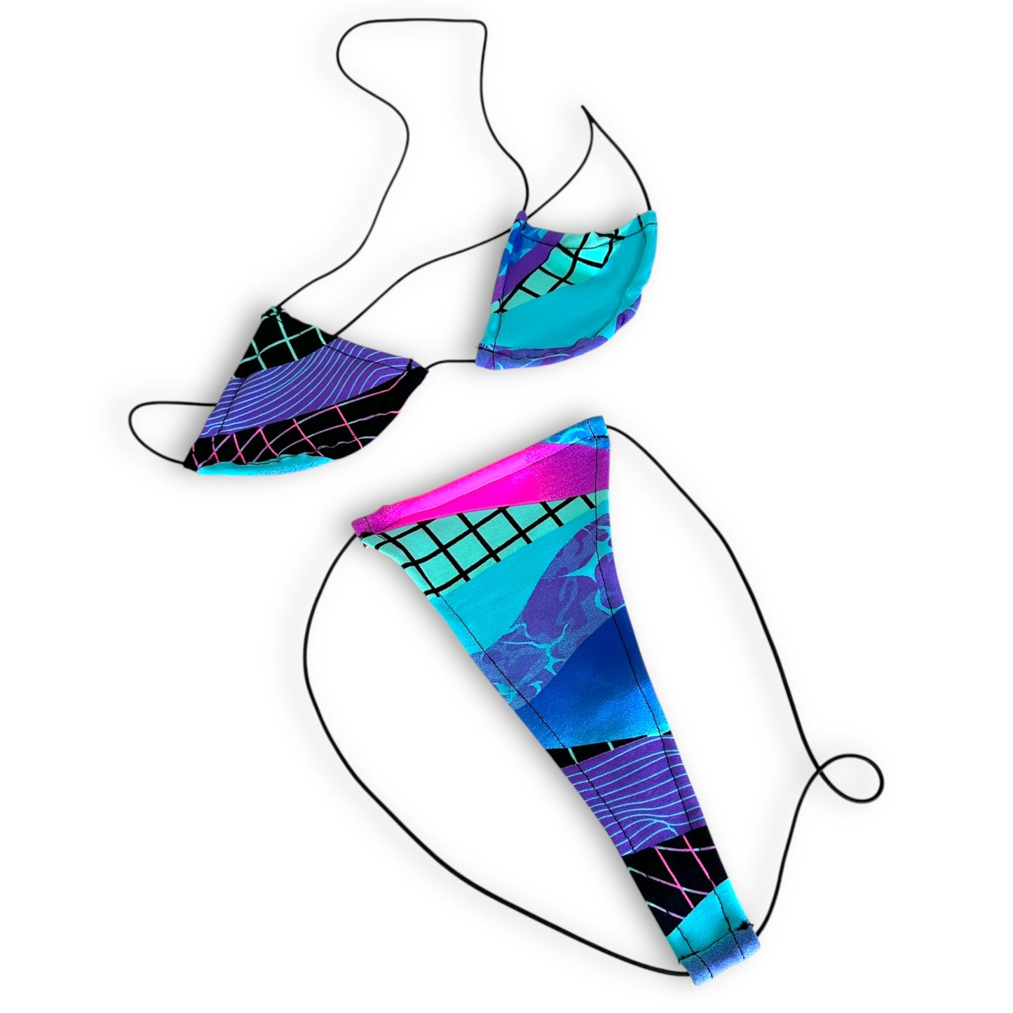 Retro teeny tiny micro kini with pink blue purple print, triangle top and g-string, flat lay view — Golddiggers Boutique exotic dancewear