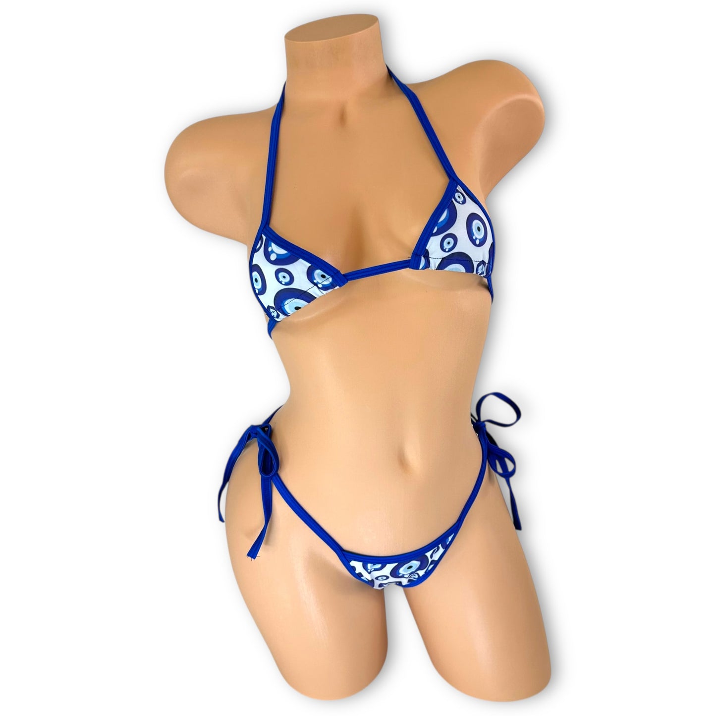 Mystic blue evil eye triangle bikini set with o-ring details, front view — Golddiggers Boutique exotic dancewear