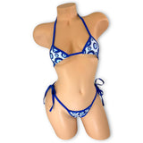 Mystic blue evil eye triangle bikini set with o-ring details, front view — Golddiggers Boutique exotic dancewear
