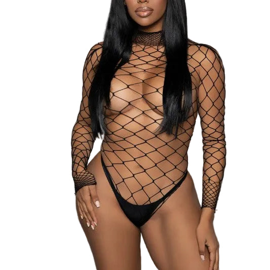 Stella black fishnet mock neck bodysuit front view on model — Golddiggers Boutique exotic dancewear