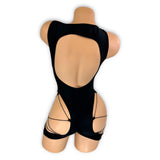 Sheila black strappy cutout romper with leg lace-up, back view — Golddiggers Boutique exotic dancewear