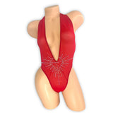 Dana red rhinestone bodysuit with mesh construction, front view — Golddiggers Boutique exotic dancewear