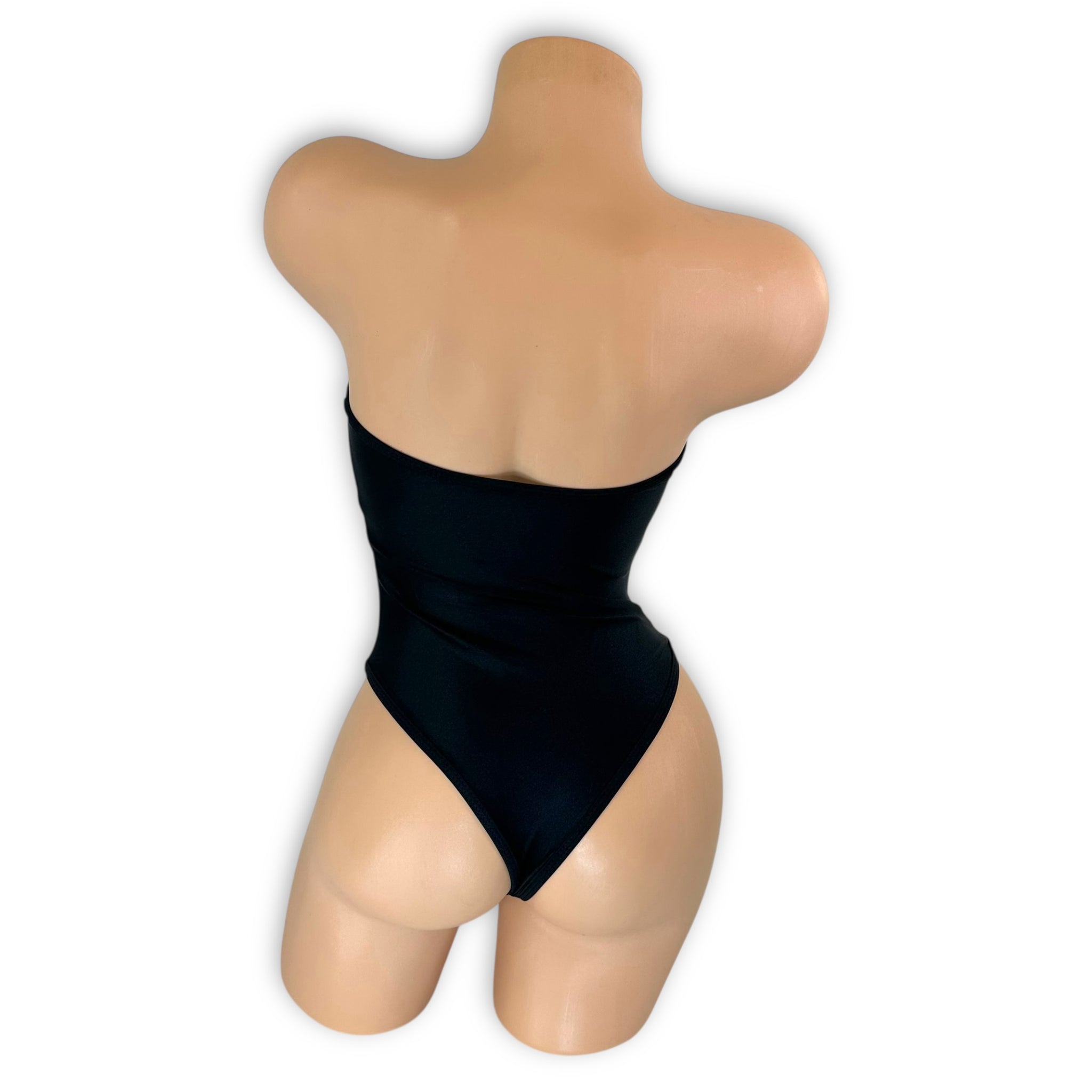 Crystal black strapless bodysuit showing thong back, back view — Golddiggers Boutique exotic dancewear