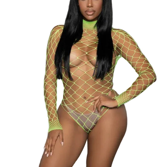 Stella neon green fishnet bodysuit with mock neck and long sleeves, angled front view — Golddiggers Boutique