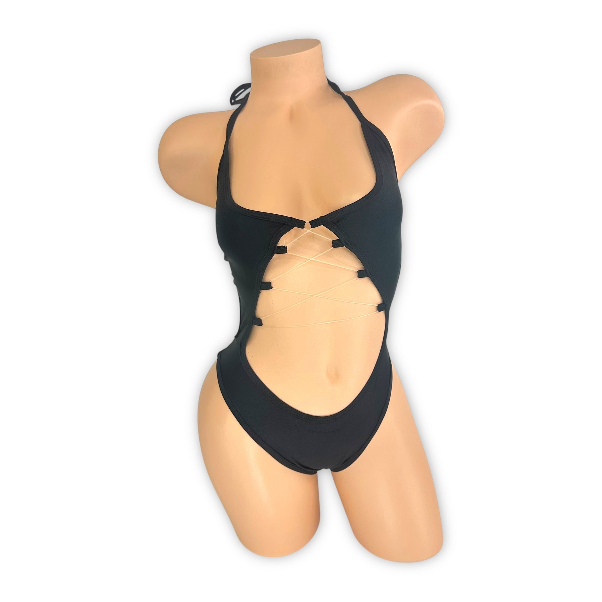 Simone black tie neck bodysuit with clear lace-up bandeau, front view — Golddiggers Boutique exotic dancewear