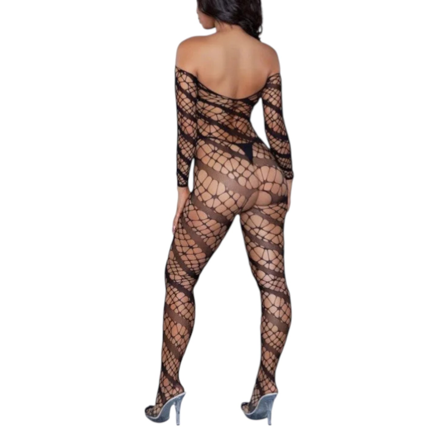Phoebe Web of Love Bodystocking - Off Shoulder Long Sleeve Fishnet