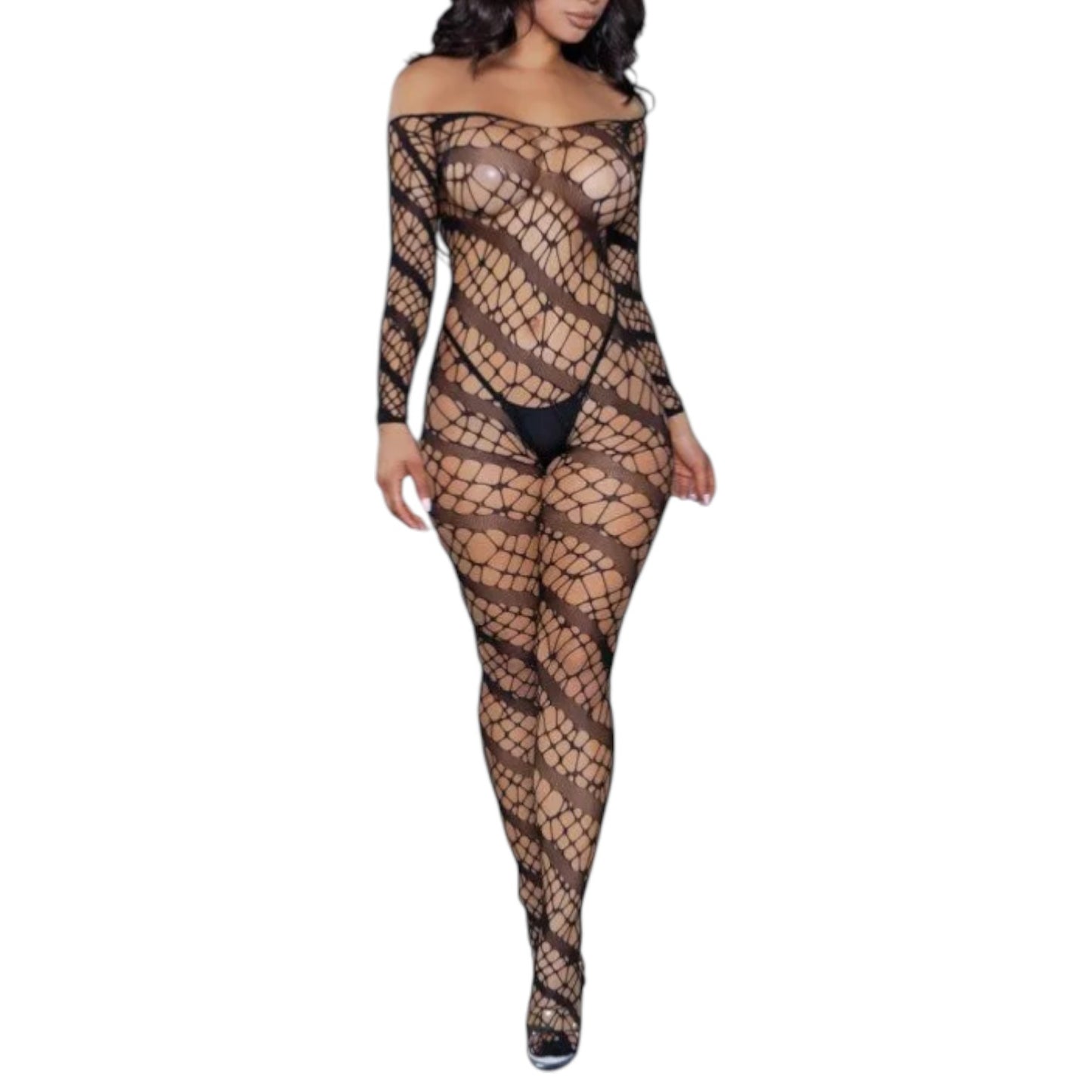Phoebe Web of Love Bodystocking - Off Shoulder Long Sleeve Fishnet
