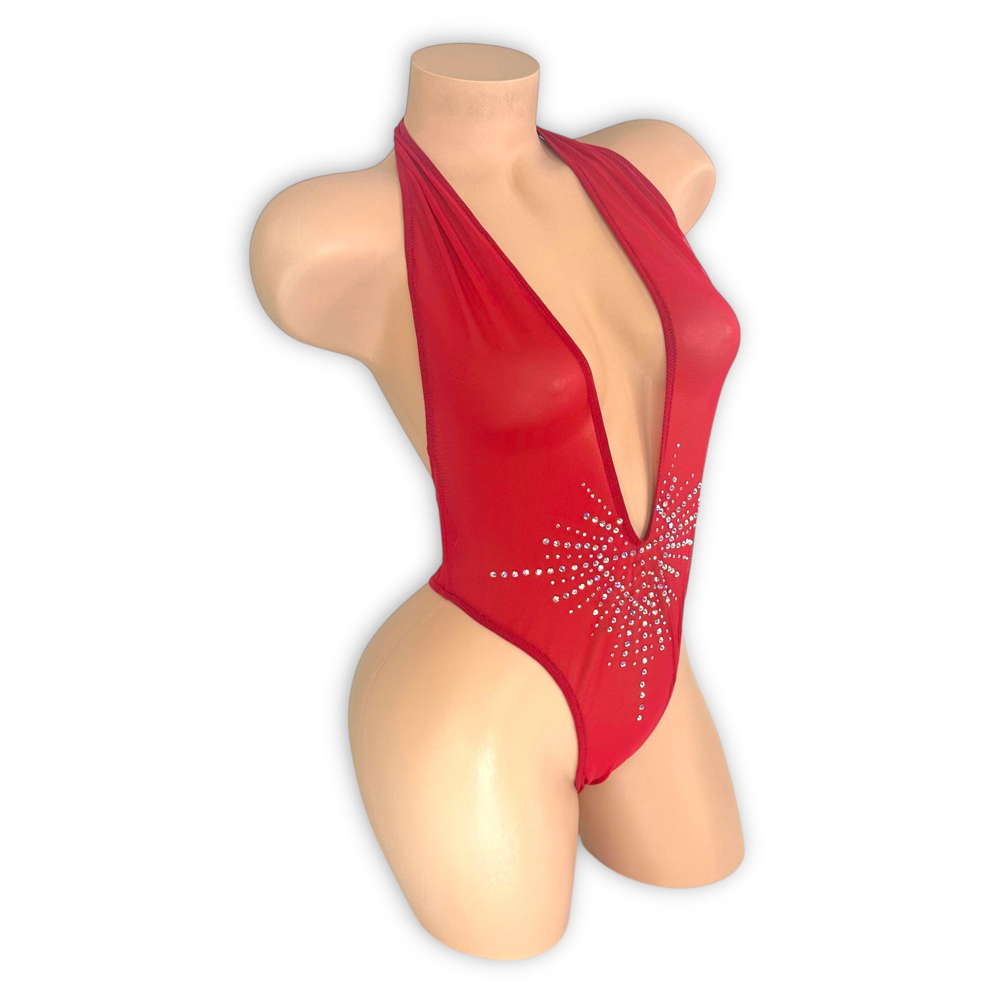 Dana red rhinestone bodysuit close-up of rhinestone burst detail — Golddiggers Boutique exotic dancewear