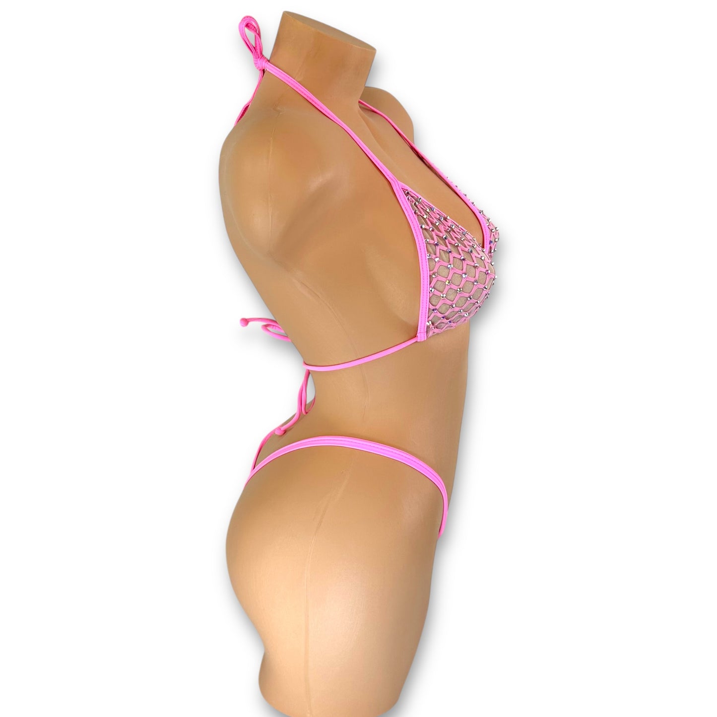 Kaylee pink fishnet bikini set close-up detail of rhinestone embellishments — Golddiggers Boutique exotic dancewear