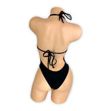 Simone black bodysuit thong back and tie neck detail, back view — Golddiggers Boutique exotic dancewear