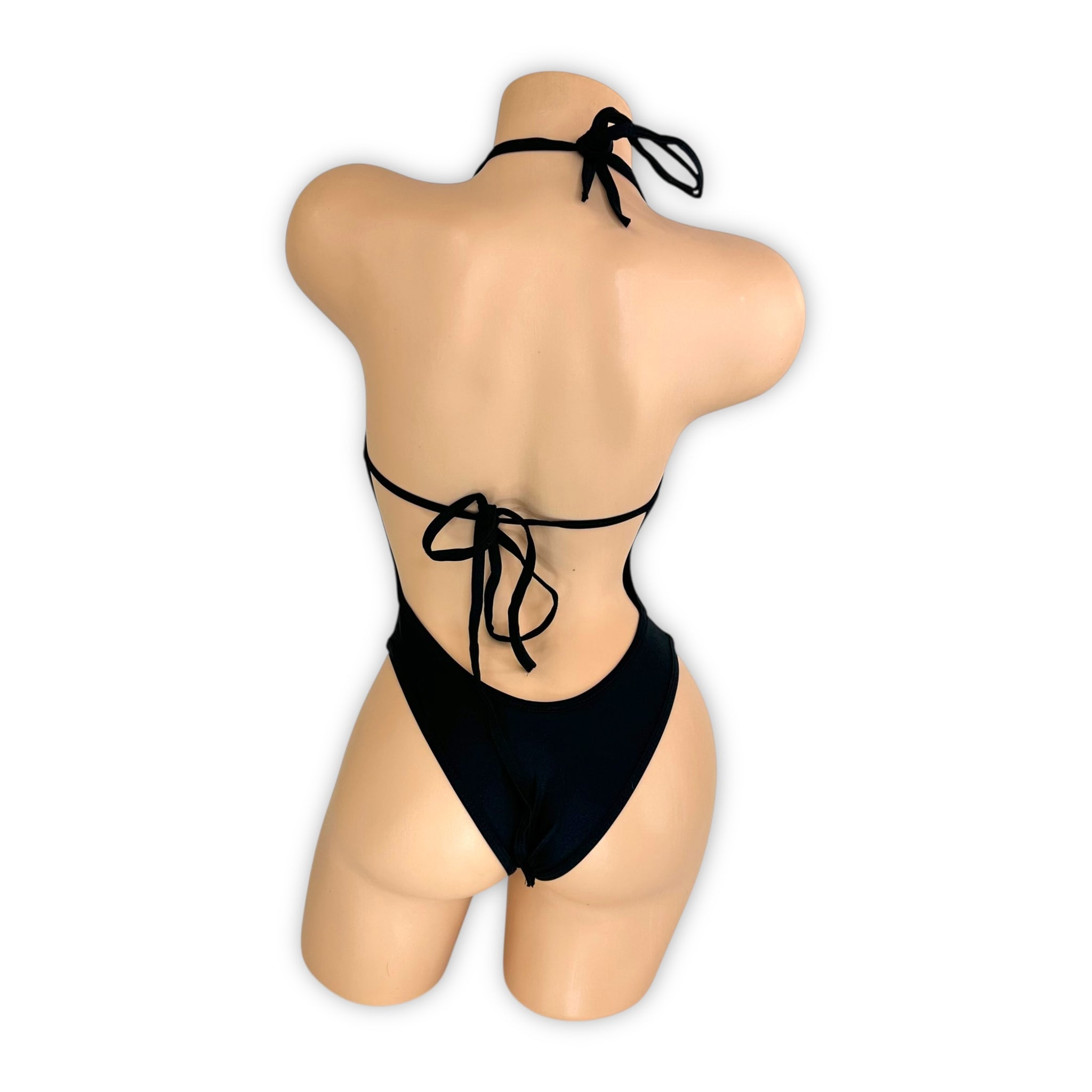 Simone black bodysuit thong back and tie neck detail, back view — Golddiggers Boutique exotic dancewear