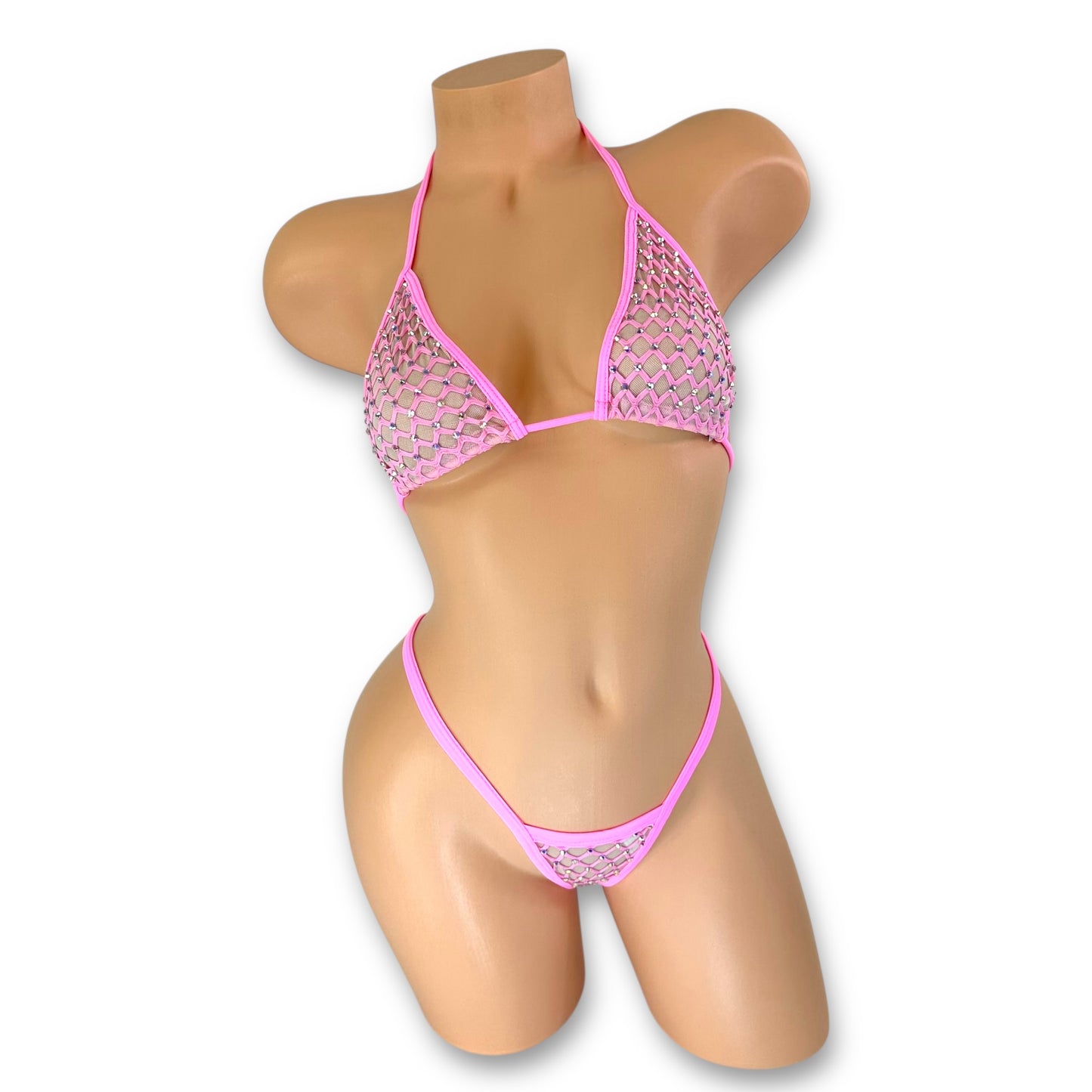 Kaylee pink fishnet rhinestone bikini set front view, triangle top with mesh lining — Golddiggers Boutique exotic dancewear