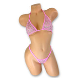 Kaylee pink fishnet rhinestone bikini set front view, triangle top with mesh lining — Golddiggers Boutique exotic dancewear