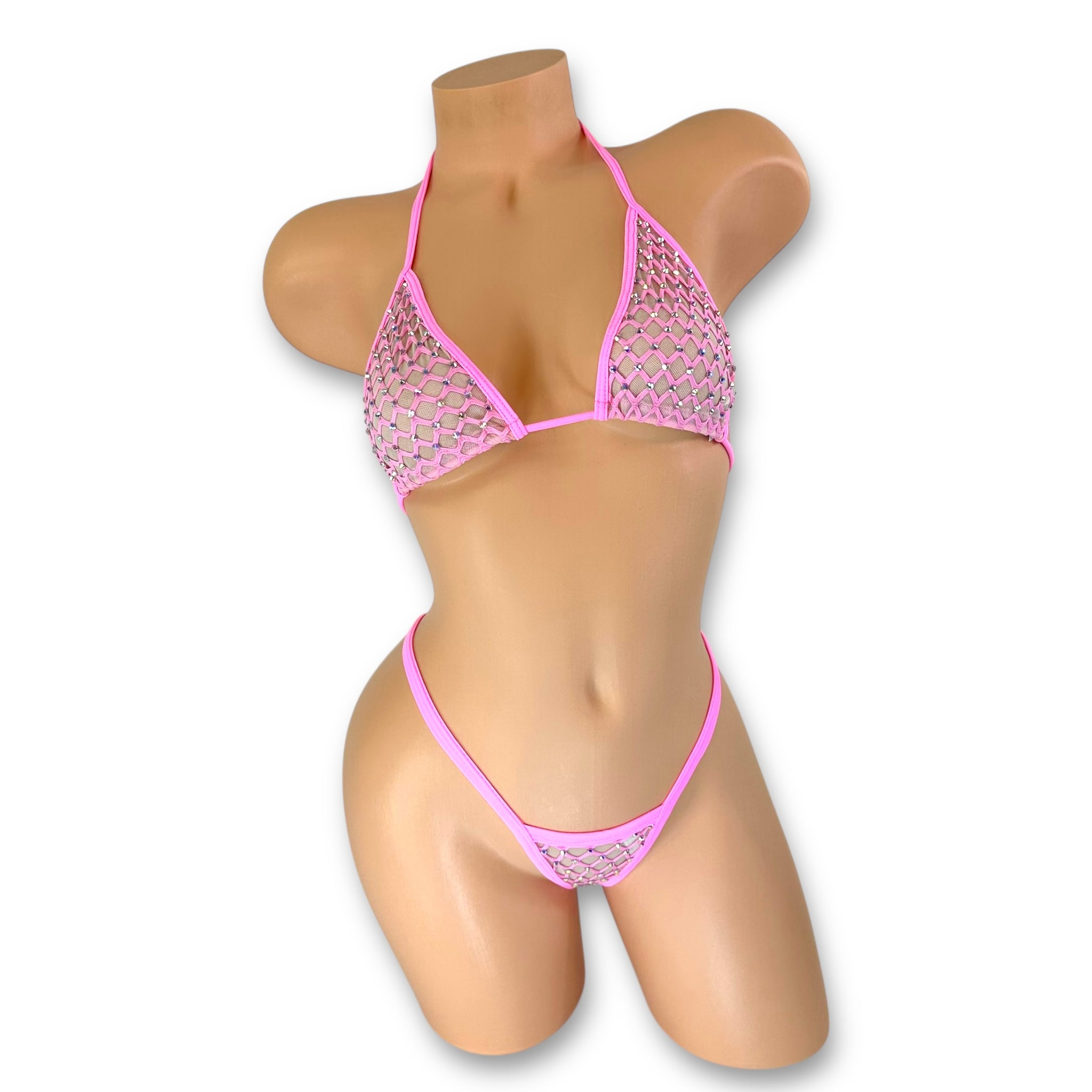 Kaylee pink fishnet rhinestone bikini set front view, triangle top with mesh lining — Golddiggers Boutique exotic dancewear