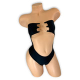 Crystal black cutout bodysuit with tummy detail, front view — Golddiggers Boutique exotic dancewear
