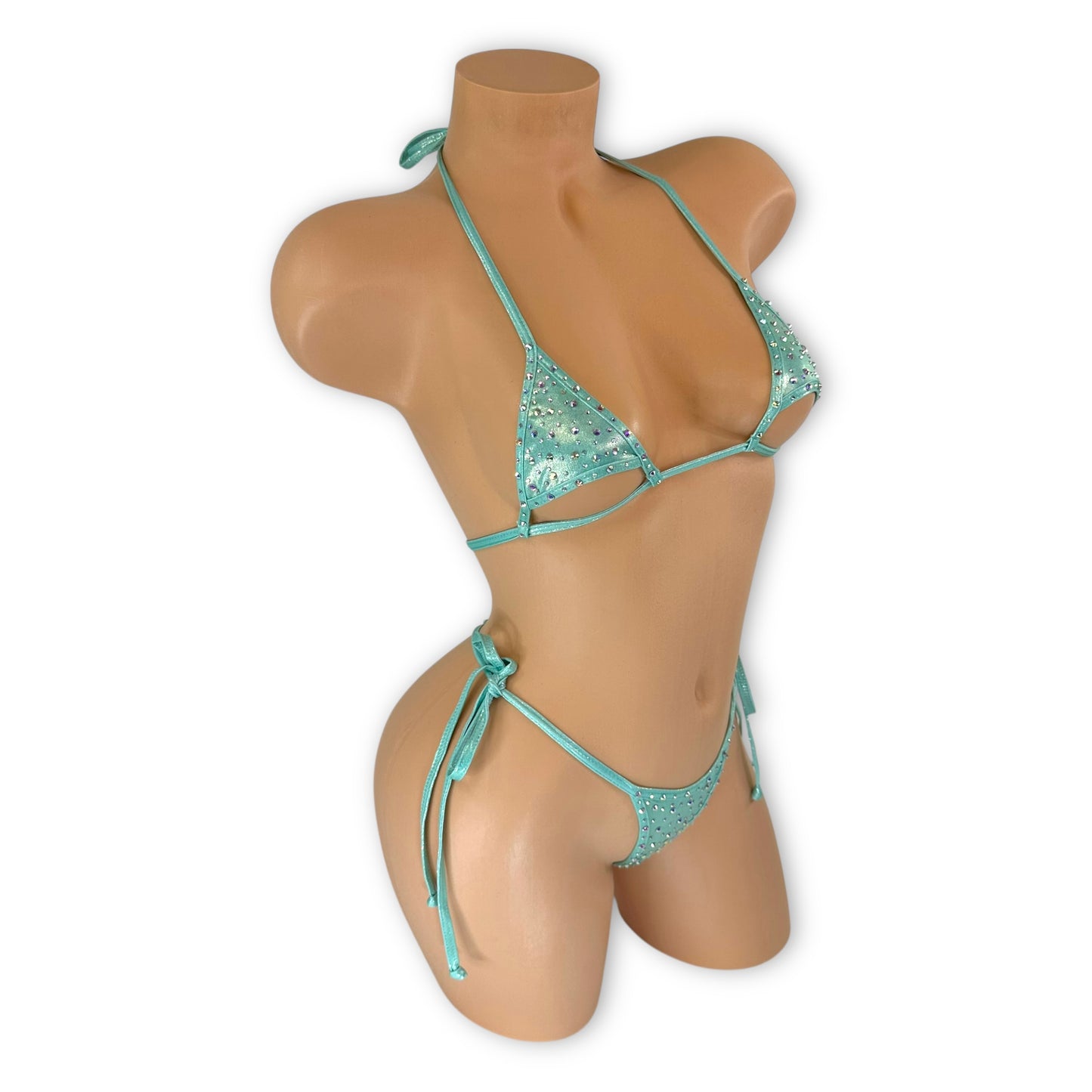 Aja metallic mint bikini rhinestone detailing, close-up view — Golddiggers Boutique exotic dancewear