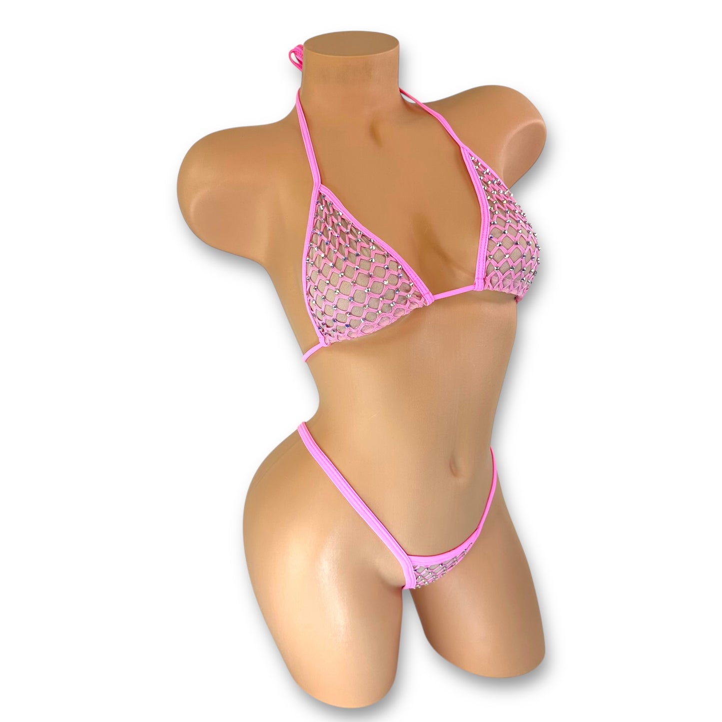 Kaylee pink rhinestone fishnet bikini set flat lay showing complete two-piece — Golddiggers Boutique exotic dancewear