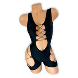 Sheila black lace-up romper with cutout details, front view — Golddiggers Boutique exotic dancewear