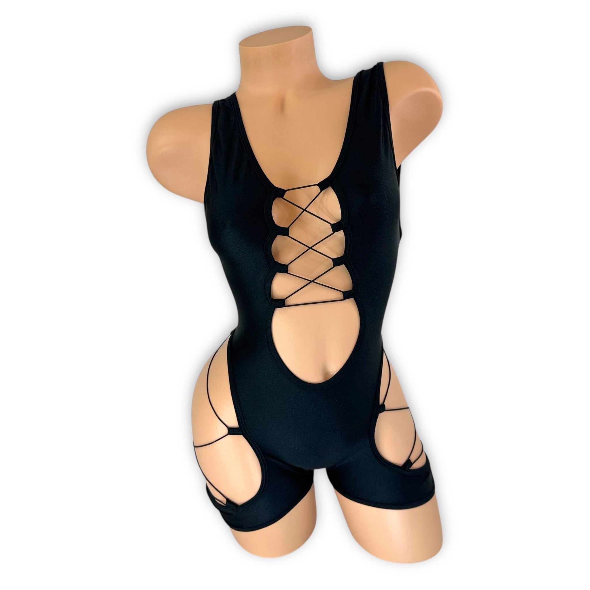 Sheila black lace-up romper with cutout details, front view — Golddiggers Boutique exotic dancewear