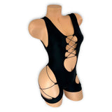 Sheila black cutout romper nightclub outfit, close-up detail — Golddiggers Boutique exotic dancewear