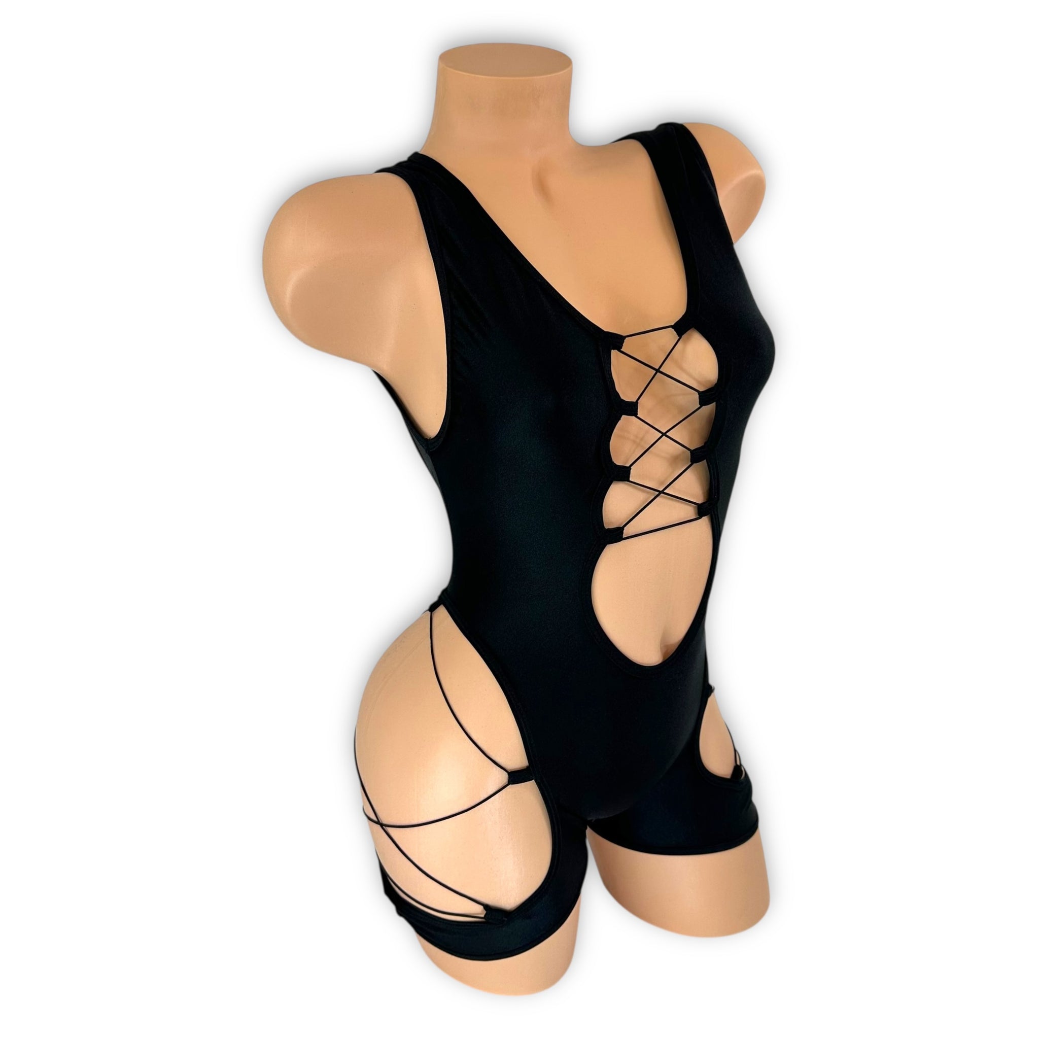 Sheila black cutout romper nightclub outfit, close-up detail — Golddiggers Boutique exotic dancewear