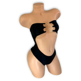 Crystal black elastic tube bodysuit close-up detail — Golddiggers Boutique exotic dancewear
