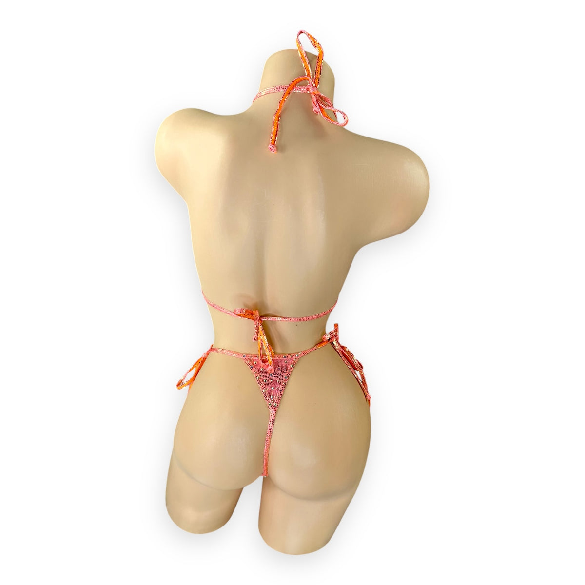 Citrus orange Aja rhinestone 'kini, back view showing tie-side thong on white - Golddiggers Boutique