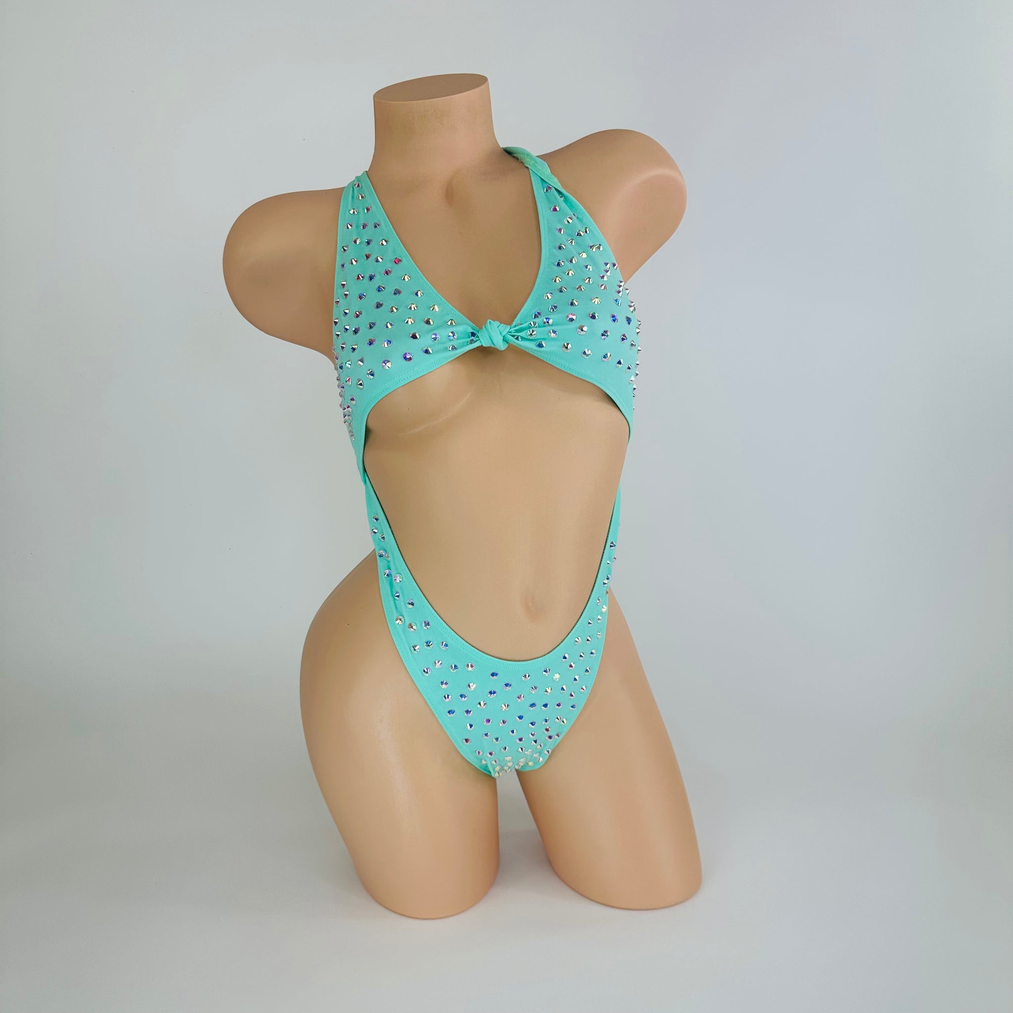 Ashley mint rhinestoned bodysuit complete look, full front view — Golddiggers Boutique exotic dancewear