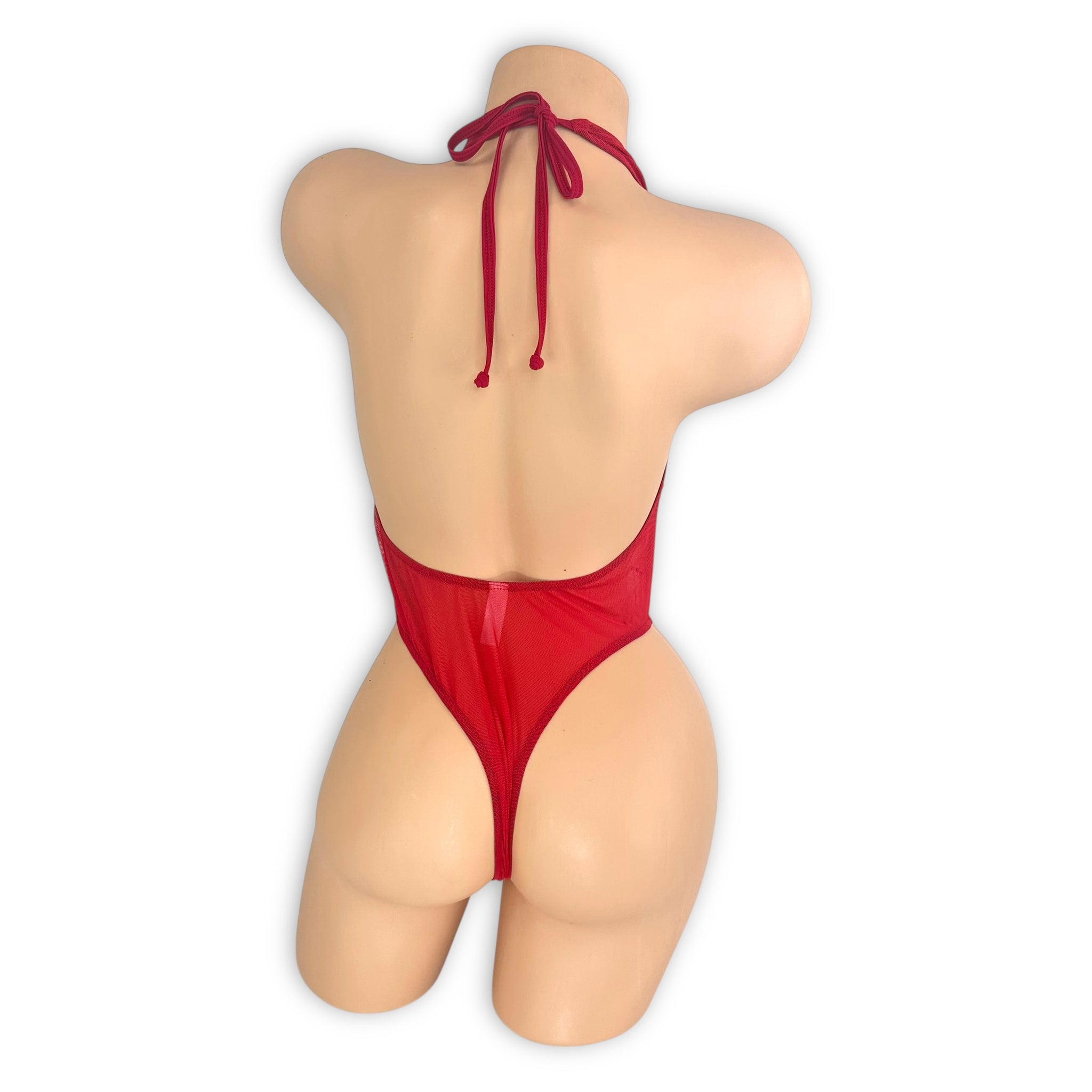 Dana red rhinestone bodysuit showing thong back detail — Golddiggers Boutique exotic dancewear