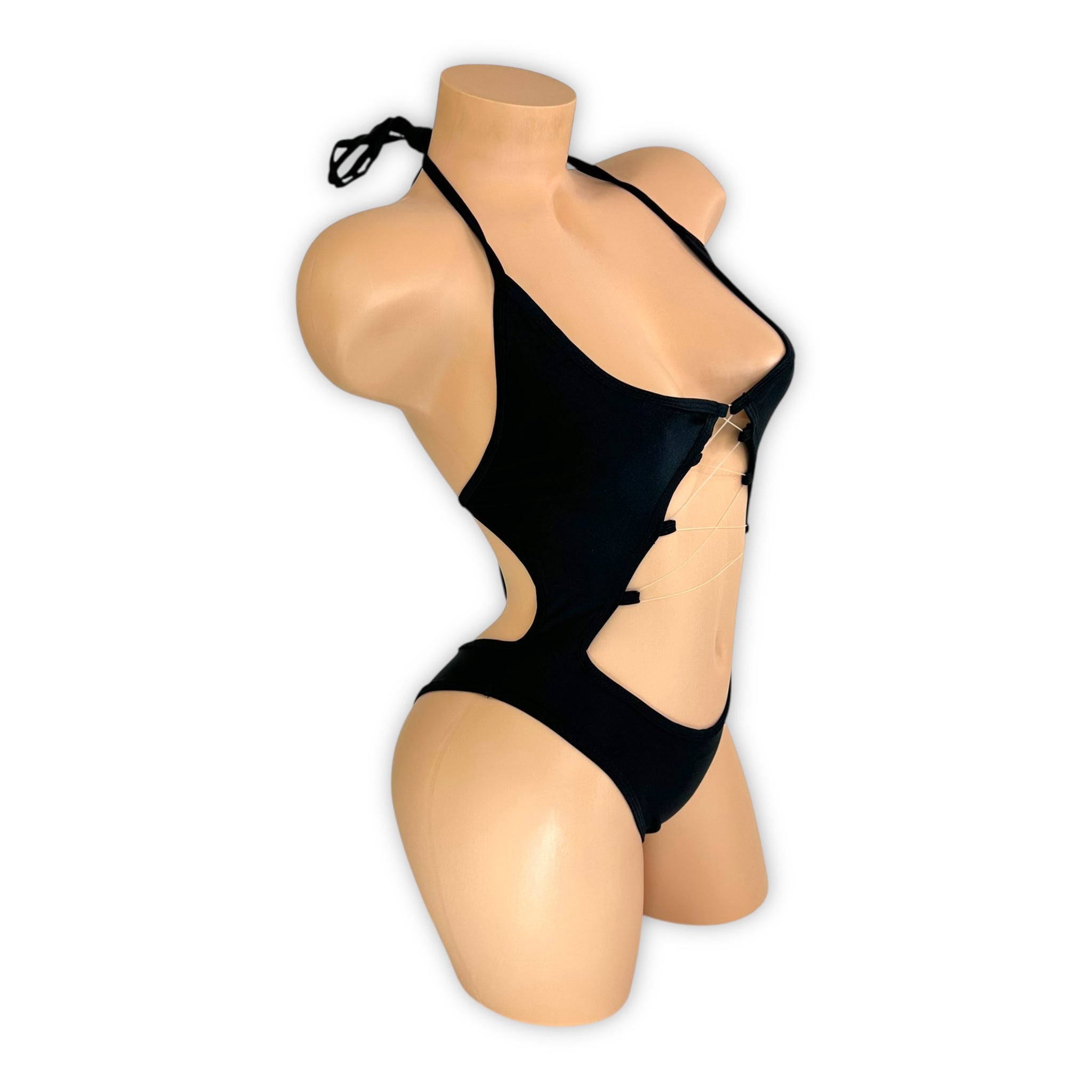 Simone black bodysuit clear lace-up bandeau close-up — Golddiggers Boutique exotic dancewear