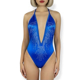 McKenna royal blue rhinestone bodysuit with v-neck, front view — Golddiggers Boutique exotic dancewear