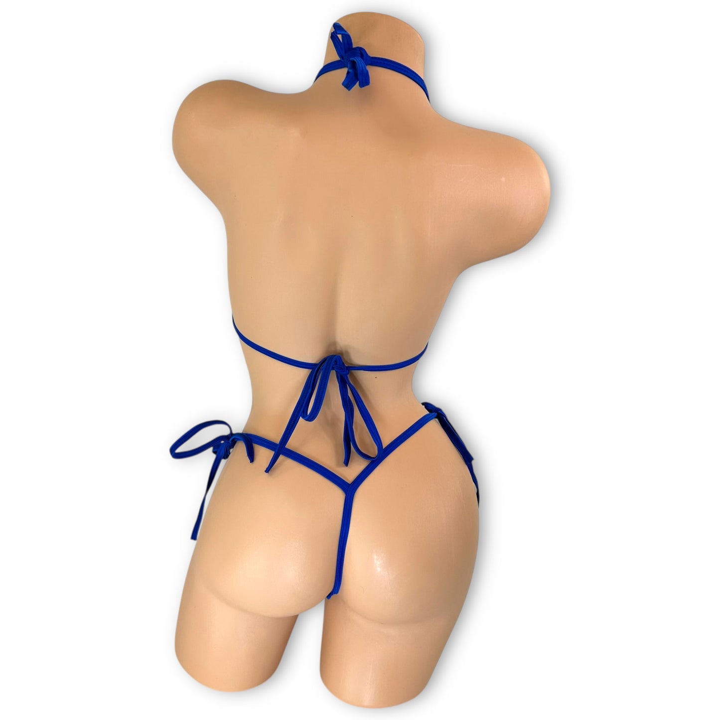 Blue white print stripper set with t-back thong, back view — Golddiggers Boutique exotic dancewear