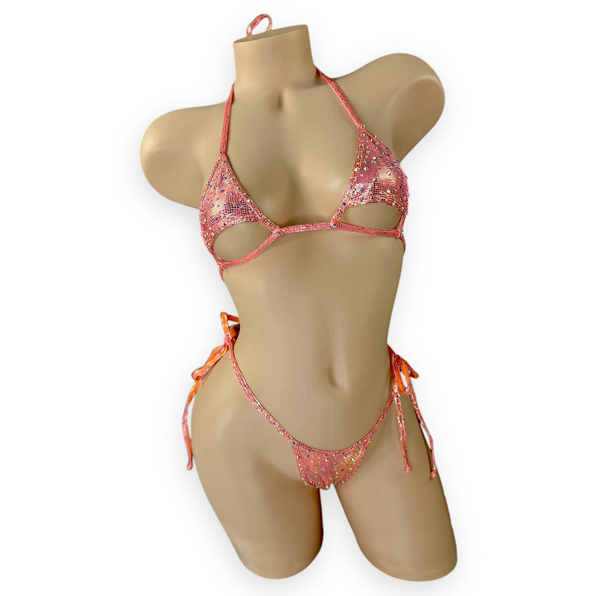 Citrus orange Aja rhinestone cutout triangle top and tie-side thong, front view on white - Golddiggers Boutique