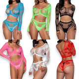 Larissa black floral mesh crop set with long sleeves, front view — Golddiggers Boutique exotic dancewear